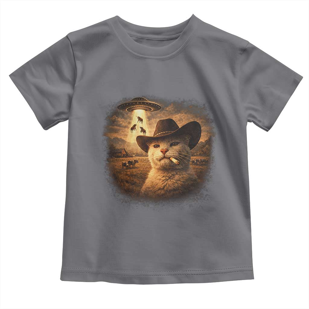 Funny Cowboy Cat UFO Toddler T Shirt Retro Western Rodeo Meme Cats Lover Gift TS10 Charcoal Print Your Wear