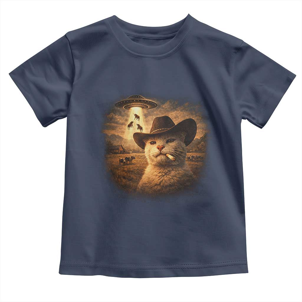 Funny Cowboy Cat UFO Toddler T Shirt Retro Western Rodeo Meme Cats Lover Gift TS10 Navy Print Your Wear
