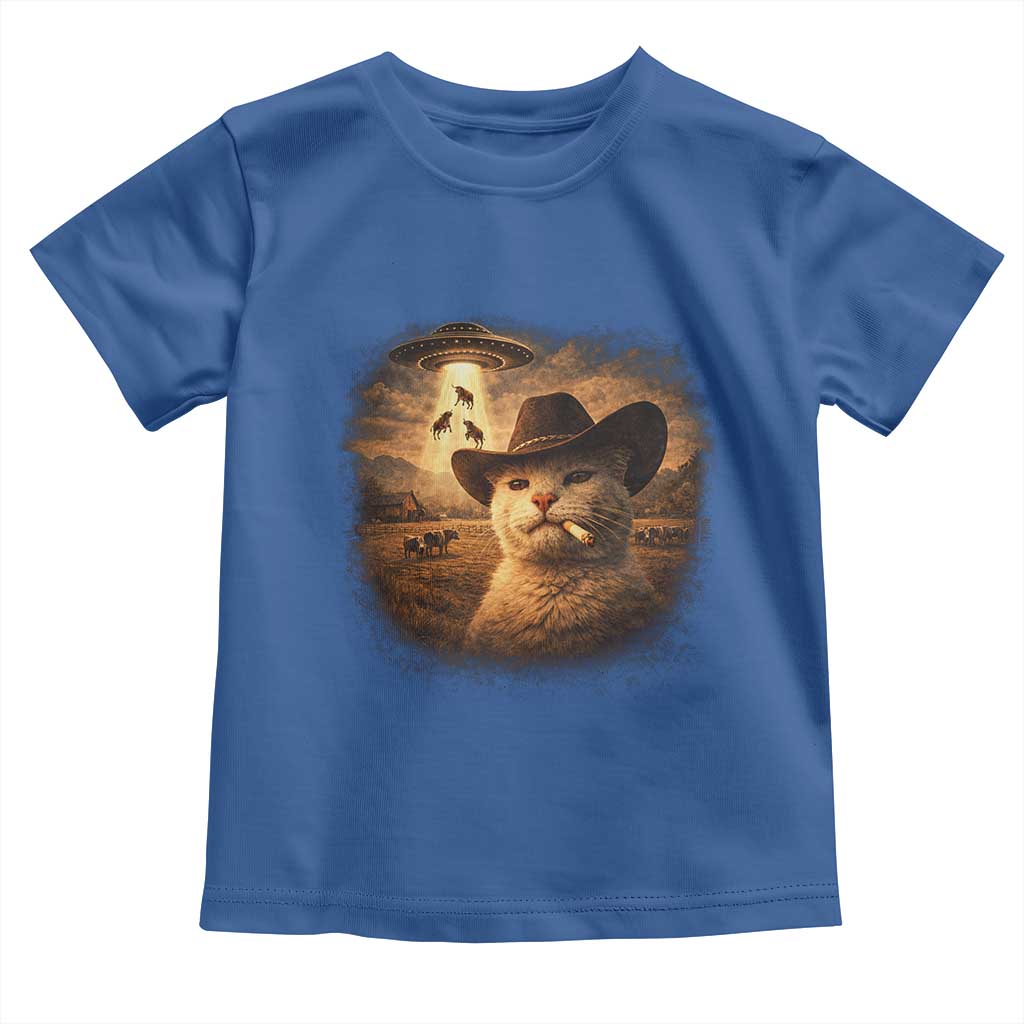 Funny Cowboy Cat UFO Toddler T Shirt Retro Western Rodeo Meme Cats Lover Gift TS10 Royal Blue Print Your Wear