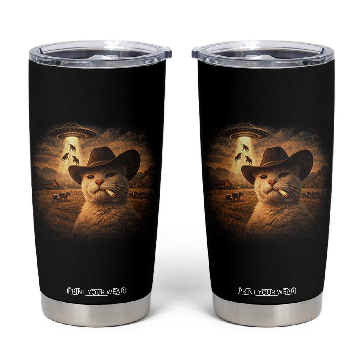 Funny Cowboy Cat UFO Tumbler Cup Retro Western Rodeo Meme Cats Lover Gift TS10 Black Print Your Wear
