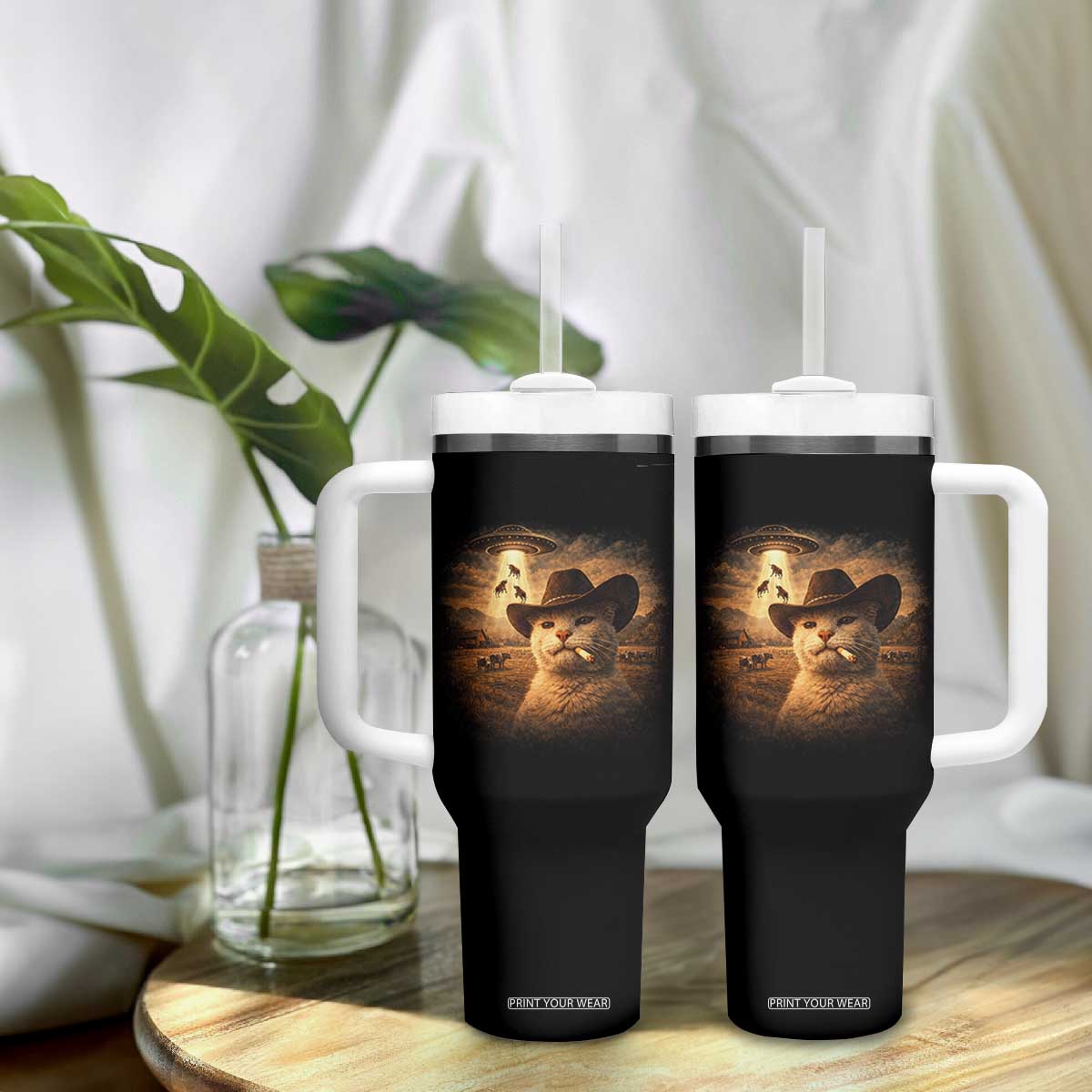 Funny Cowboy Cat UFO Tumbler With Handle Retro Western Rodeo Meme Cats Lover Gift TS10 Print Your Wear