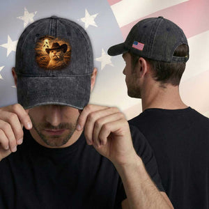 Funny Cowboy Cat UFO Washed Cotton Baseball Cap Retro Western Rodeo Meme Cats Lover Gift TS10 Print Your Wear
