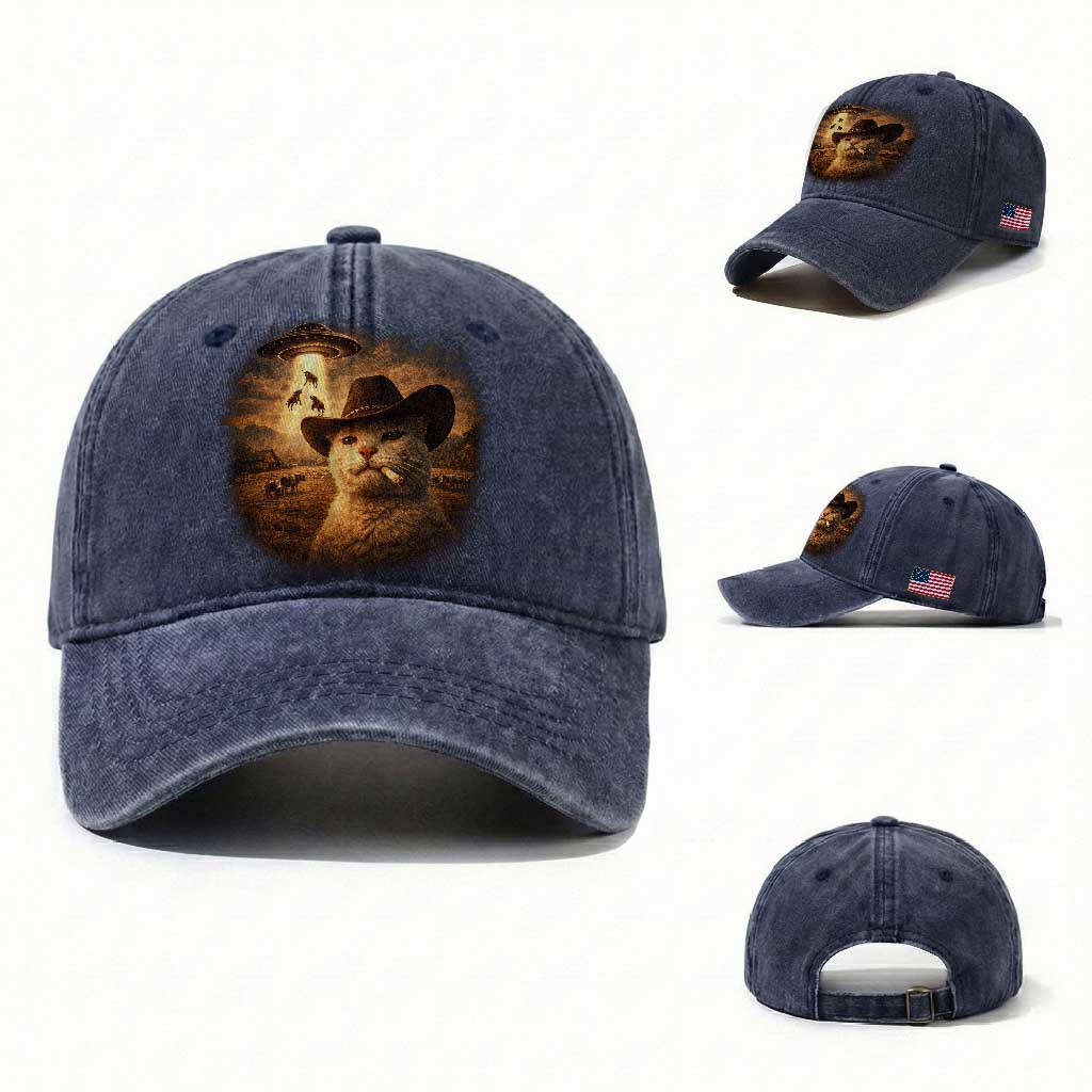 Funny Cowboy Cat UFO Washed Cotton Baseball Cap Retro Western Rodeo Meme Cats Lover Gift TS10 Washed Cap Universal Fit Navy Print Your Wear