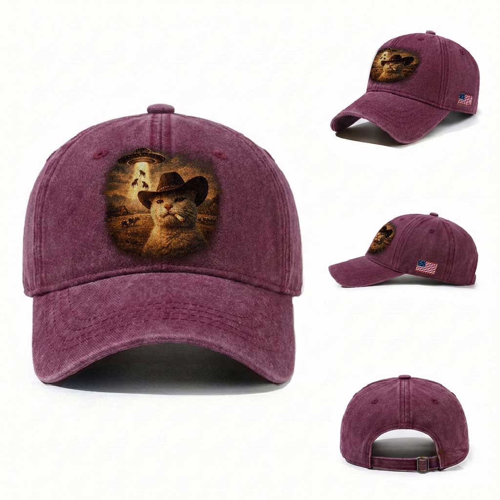 Funny Cowboy Cat UFO Washed Cotton Baseball Cap Retro Western Rodeo Meme Cats Lover Gift TS10 Washed Cap Universal Fit Burgundy Print Your Wear