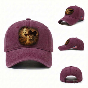 Funny Cowboy Cat UFO Washed Cotton Baseball Cap Retro Western Rodeo Meme Cats Lover Gift TS10 Washed Cap Universal Fit Burgundy Print Your Wear