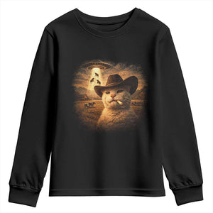 Funny Cowboy Cat UFO Youth Sweatshirt Retro Western Rodeo Meme Cats Lover Gift TS10 Black Print Your Wear