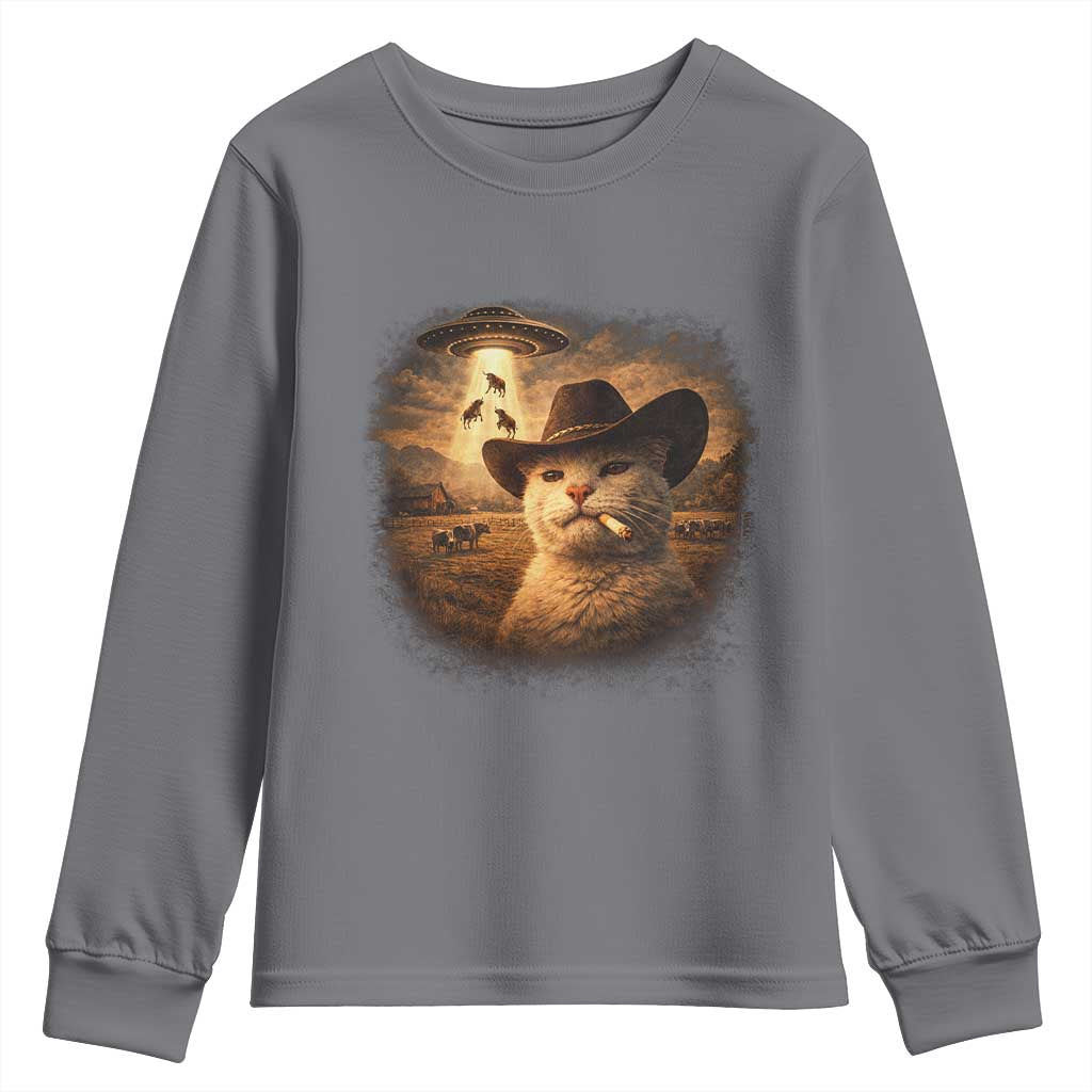 Funny Cowboy Cat UFO Youth Sweatshirt Retro Western Rodeo Meme Cats Lover Gift TS10 Charcoal Print Your Wear