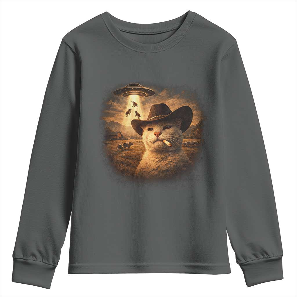Funny Cowboy Cat UFO Youth Sweatshirt Retro Western Rodeo Meme Cats Lover Gift TS10 Dark Heather Print Your Wear