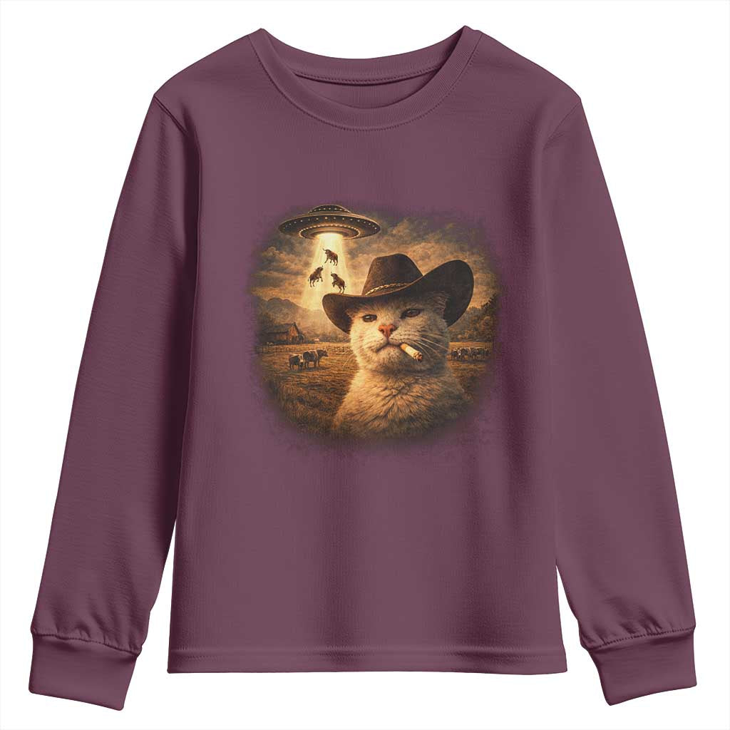 Funny Cowboy Cat UFO Youth Sweatshirt Retro Western Rodeo Meme Cats Lover Gift TS10 Maroon Print Your Wear