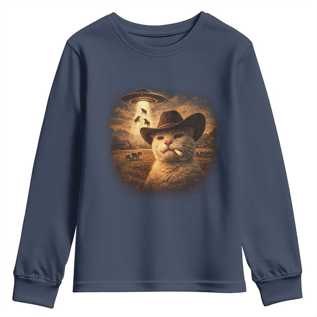 Funny Cowboy Cat UFO Youth Sweatshirt Retro Western Rodeo Meme Cats Lover Gift TS10 Navy Print Your Wear
