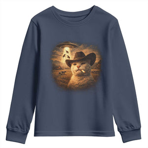 Funny Cowboy Cat UFO Youth Sweatshirt Retro Western Rodeo Meme Cats Lover Gift TS10 Navy Print Your Wear