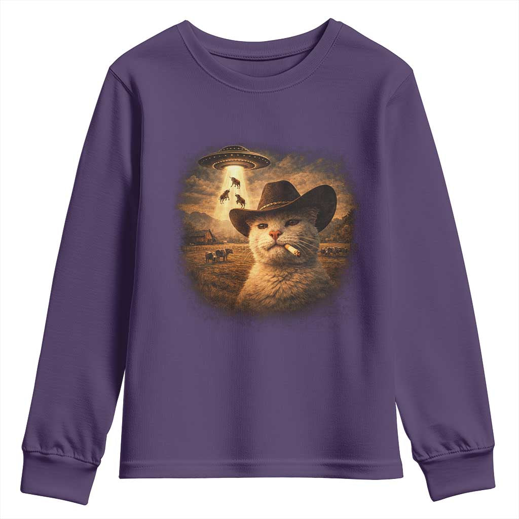 Funny Cowboy Cat UFO Youth Sweatshirt Retro Western Rodeo Meme Cats Lover Gift TS10 Purple Print Your Wear