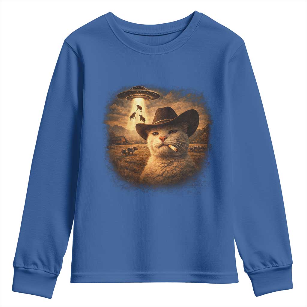 Funny Cowboy Cat UFO Youth Sweatshirt Retro Western Rodeo Meme Cats Lover Gift TS10 Royal Blue Print Your Wear