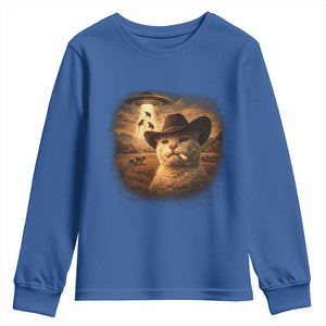 Funny Cowboy Cat UFO Youth Sweatshirt Retro Western Rodeo Meme Cats Lover Gift TS10 Royal Blue Print Your Wear