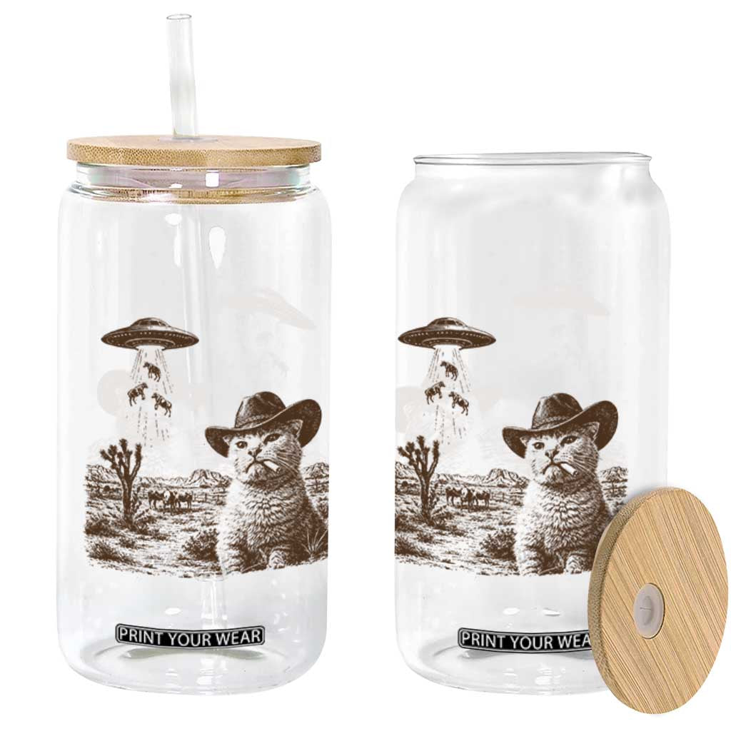 UFO Cowboy Cat Glass Can Vintage Graphic Retro Western Rodeo TS10 Print Your Wear