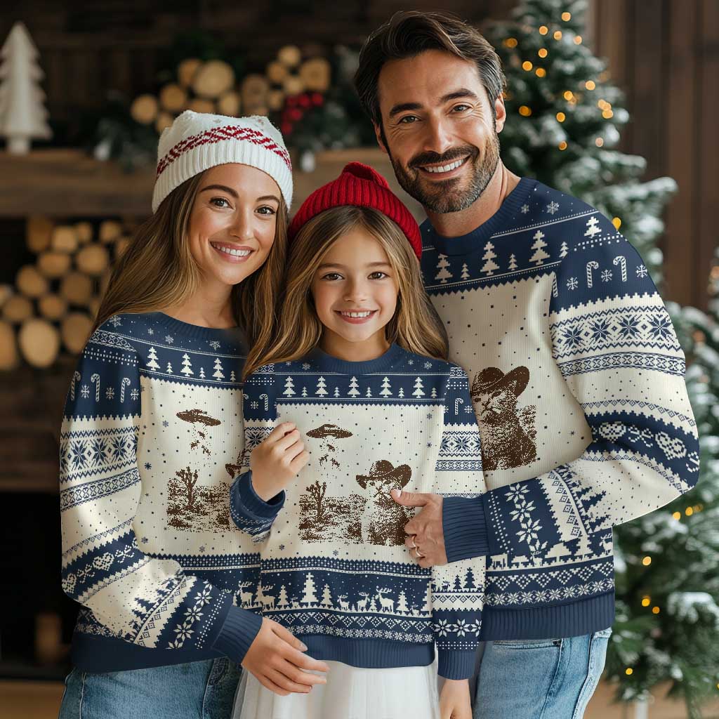 UFO Cowboy Cat Ugly Christmas Sweater Vintage Graphic Retro Western Rodeo TS10 Beige Navy Print Your Wear