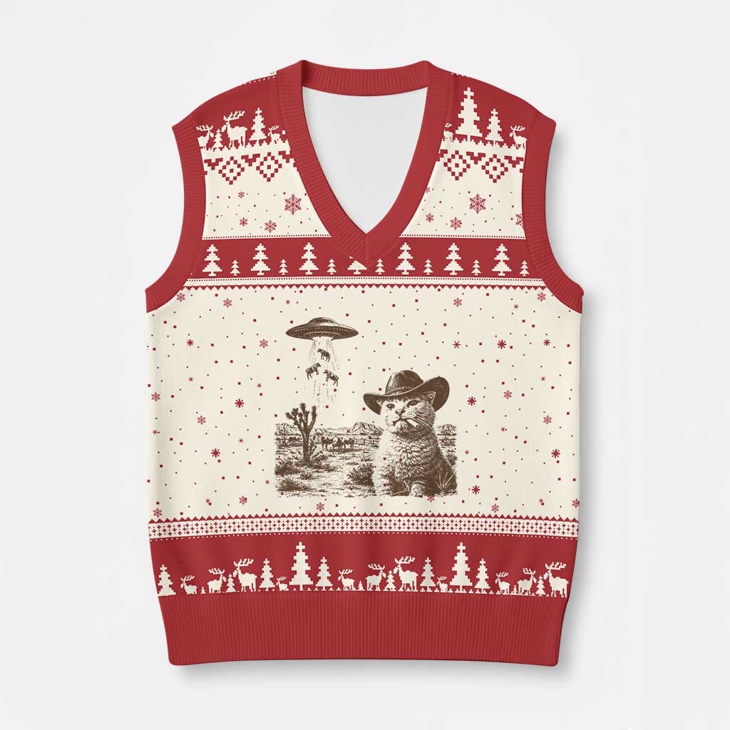 UFO Cowboy Cat V-Neck Knit Sweater Vest Vintage Graphic Retro Western Rodeo TS10 Beige Red Print Your Wear
