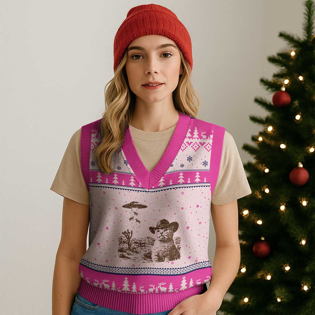 UFO Cowboy Cat V-Neck Knit Sweater Vest Vintage Graphic Retro Western Rodeo TS10 Hot Pink Print Your Wear