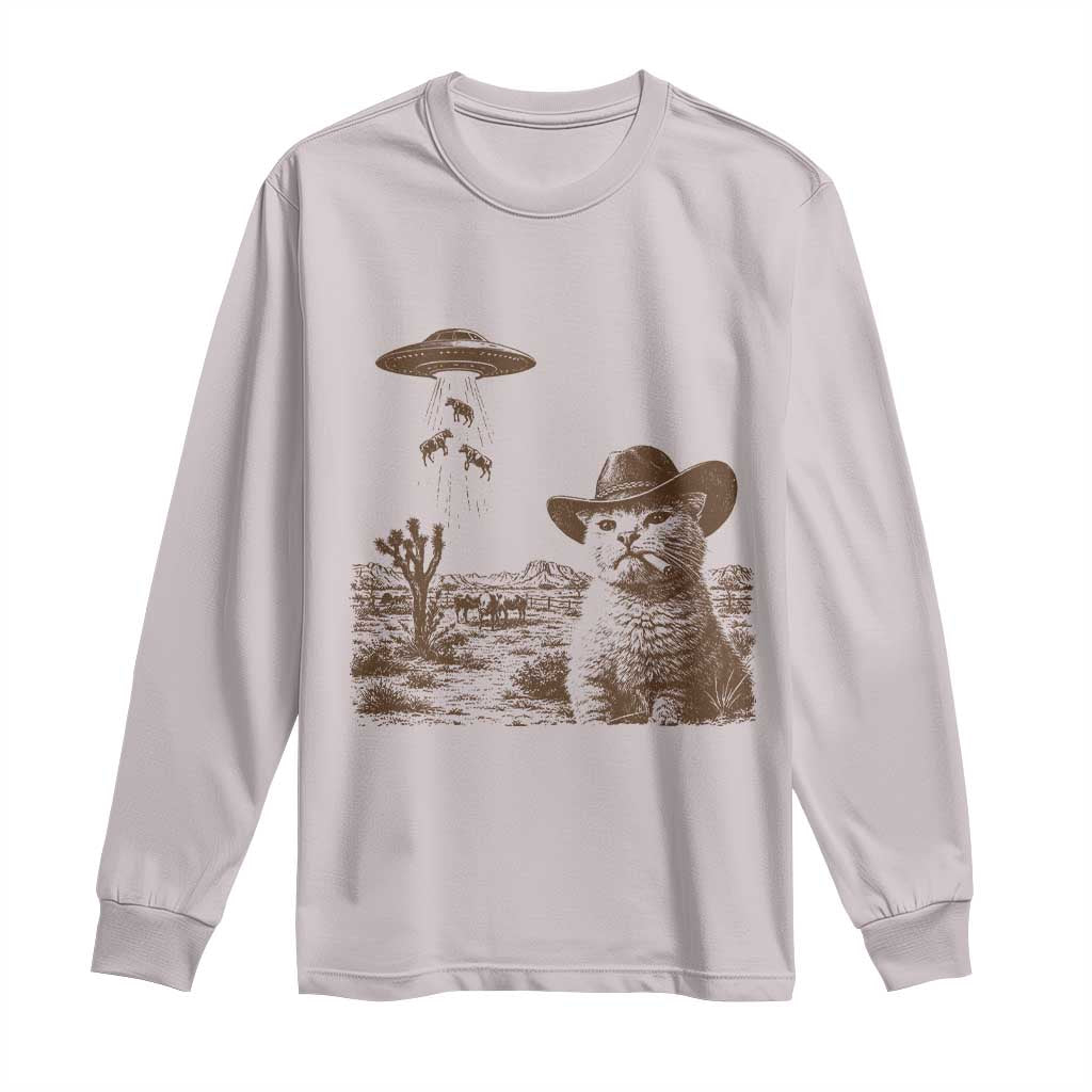 UFO Cowboy Cat Long Sleeve Shirt Vintage Graphic Retro Western Rodeo TS10 Ice Gray Print Your Wear