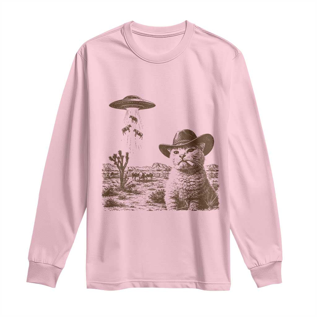 UFO Cowboy Cat Long Sleeve Shirt Vintage Graphic Retro Western Rodeo TS10 Light Pink Print Your Wear