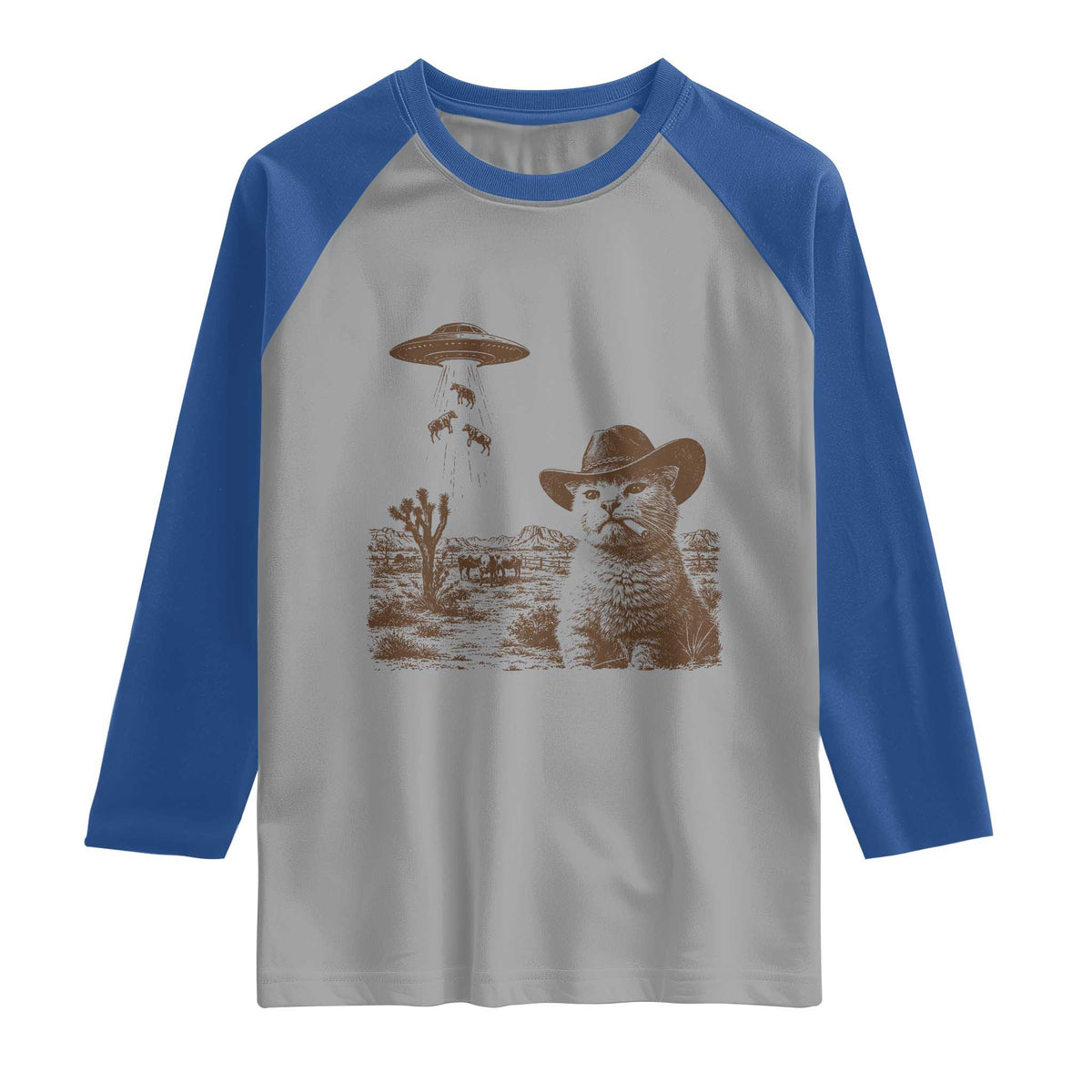 UFO Cowboy Cat Raglan Shirt Vintage Graphic Retro Western Rodeo TS10 Sport Gray Royal Print Your Wear