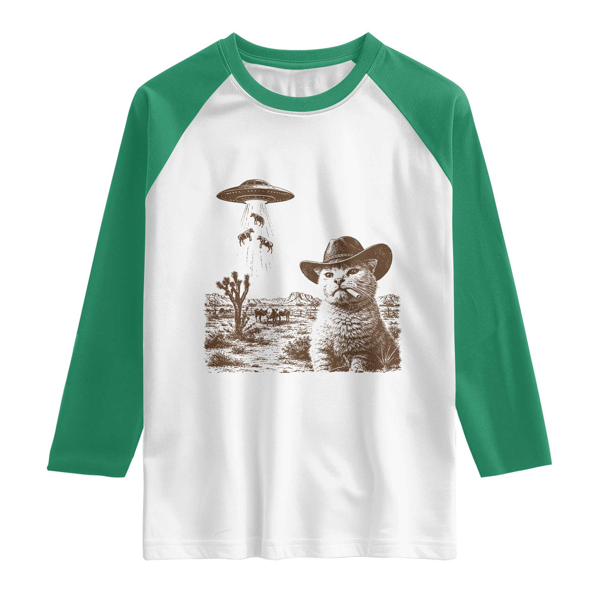 UFO Cowboy Cat Raglan Shirt Vintage Graphic Retro Western Rodeo TS10 White Kelly Green Print Your Wear