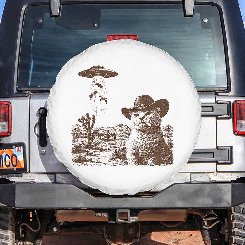 UFO Cowboy Cat Spare Tire Cover Vintage Graphic Retro Western Rodeo TS10 No hole White Print Your Wear
