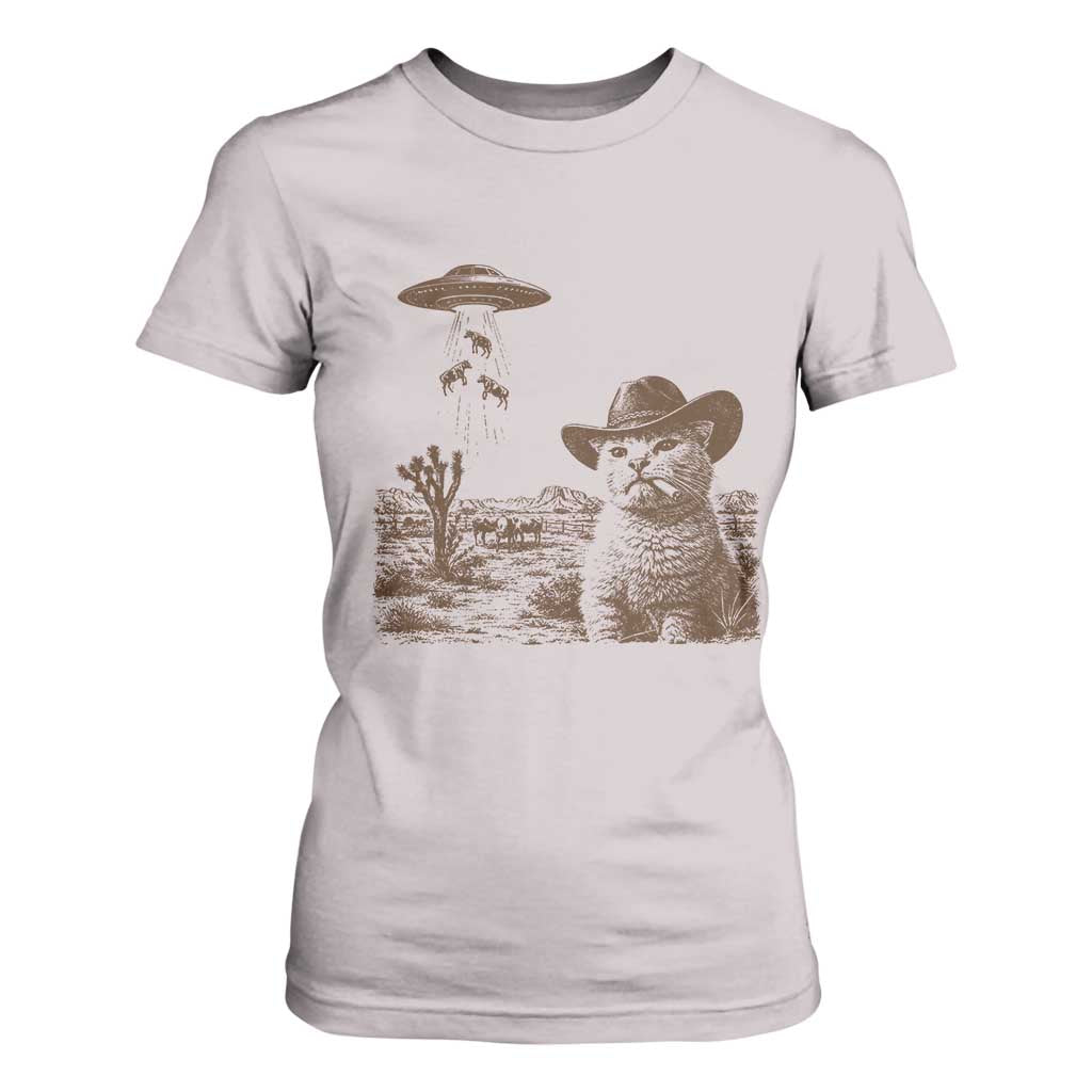 UFO Cowboy Cat T Shirt For Women Vintage Graphic Retro Western Rodeo TS10 Ice Gray Print Your Wear
