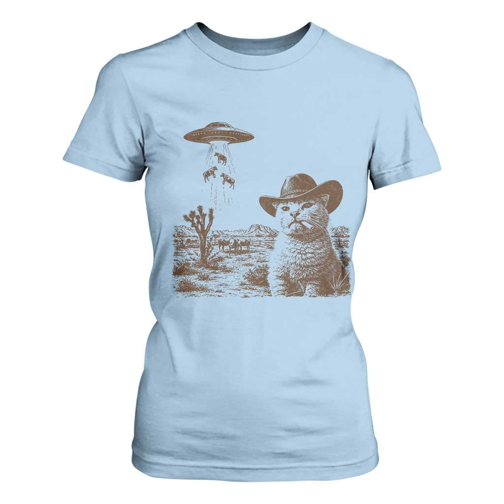 UFO Cowboy Cat T Shirt For Women Vintage Graphic Retro Western Rodeo TS10 Light Blue Print Your Wear