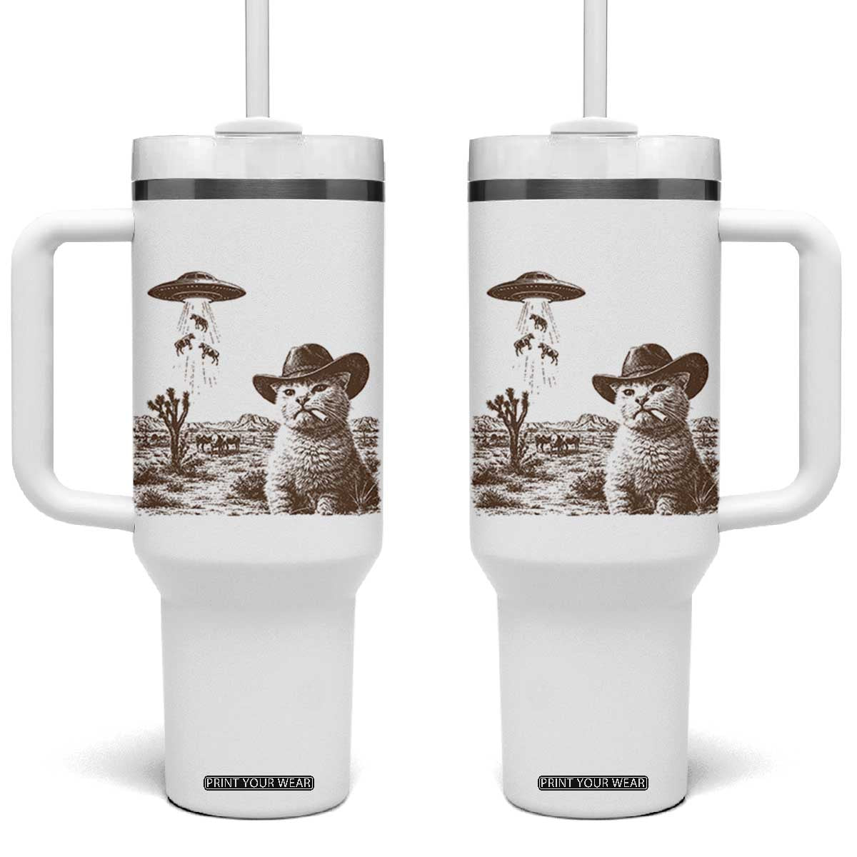 UFO Cowboy Cat Tumbler With Handle Vintage Graphic Retro Western Rodeo TS10 One Size: 40 oz White Print Your Wear