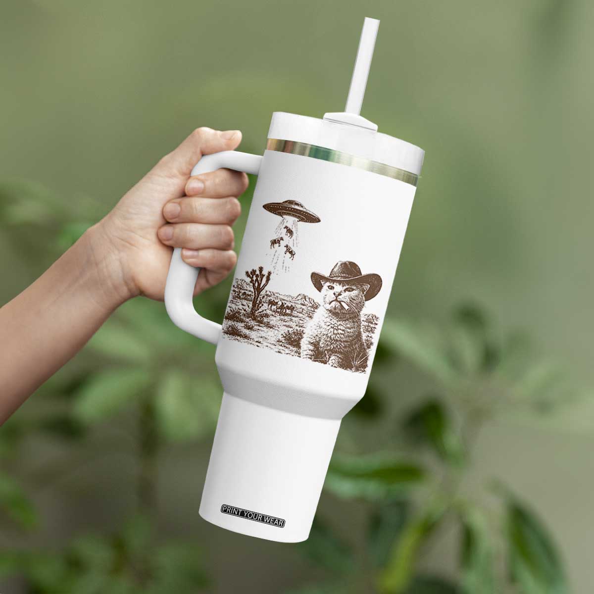 UFO Cowboy Cat Tumbler With Handle Vintage Graphic Retro Western Rodeo TS10 Print Your Wear