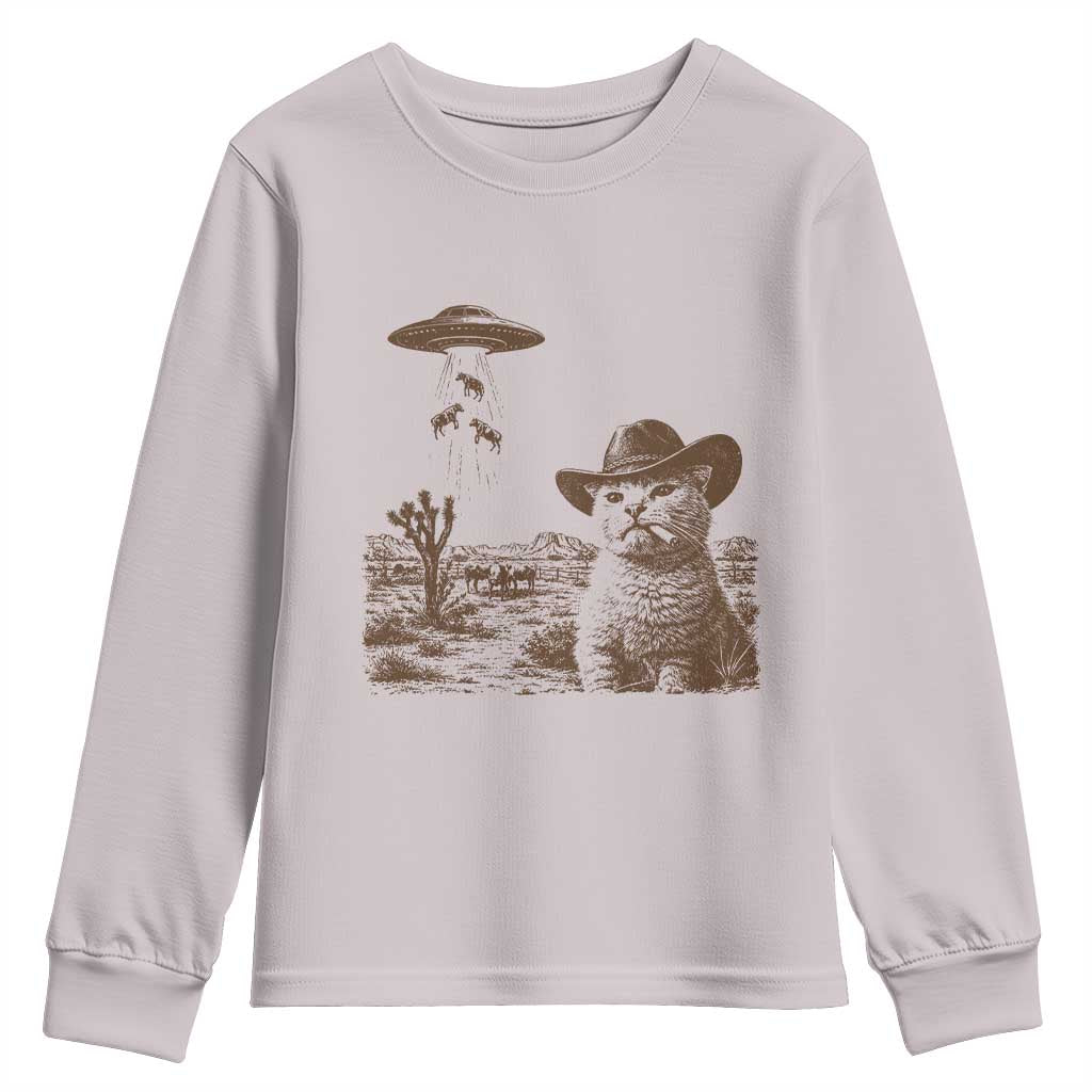 UFO Cowboy Cat Youth Sweatshirt Vintage Graphic Retro Western Rodeo TS10 Ice Gray Print Your Wear