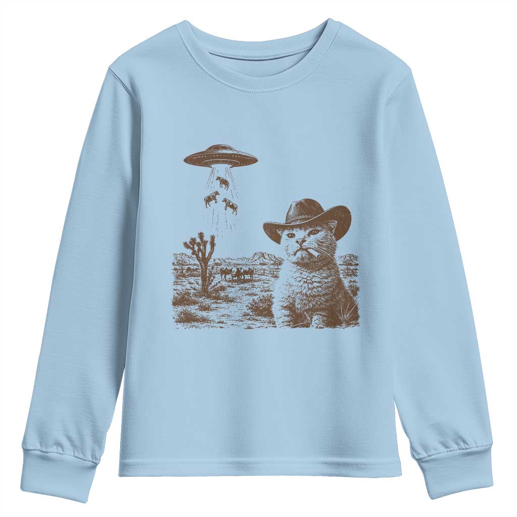 UFO Cowboy Cat Youth Sweatshirt Vintage Graphic Retro Western Rodeo TS10 Light Blue Print Your Wear