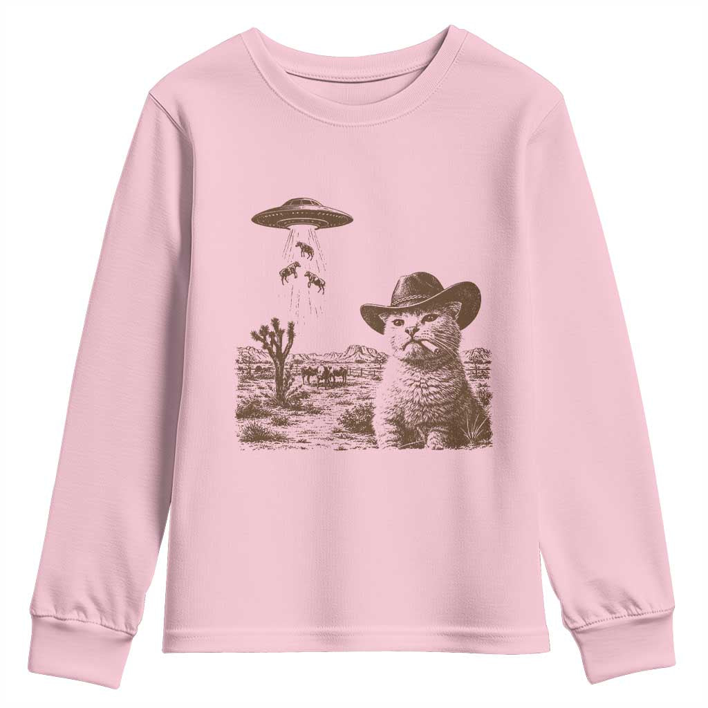 UFO Cowboy Cat Youth Sweatshirt Vintage Graphic Retro Western Rodeo TS10 Light Pink Print Your Wear
