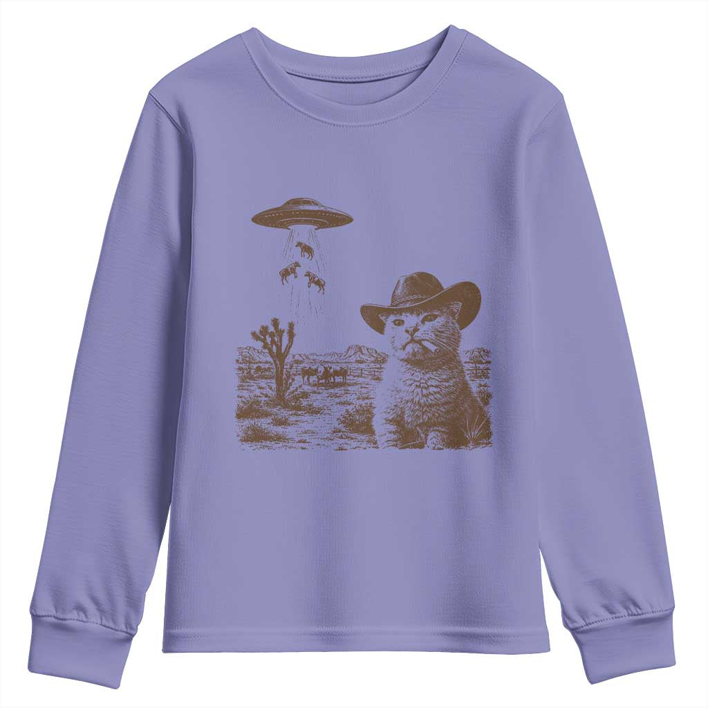 UFO Cowboy Cat Youth Sweatshirt Vintage Graphic Retro Western Rodeo TS10 Violet Print Your Wear
