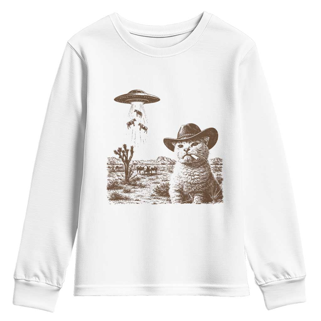 UFO Cowboy Cat Youth Sweatshirt Vintage Graphic Retro Western Rodeo TS10 White Print Your Wear