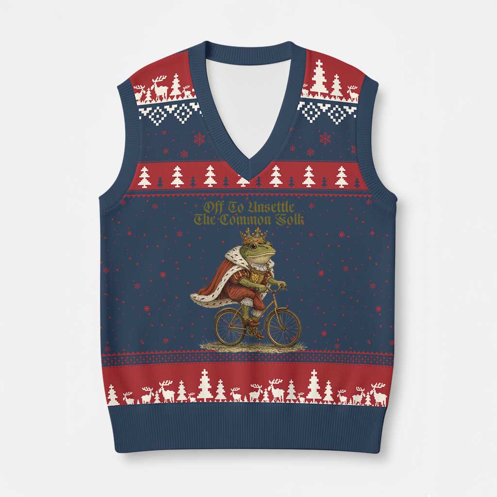 Chaotic Frog Meme V-Neck Knit Sweater Vest Off To Unsettle The Common Folk Vintage Unhinged Humor TS10 Navy Red Print Your Wear
