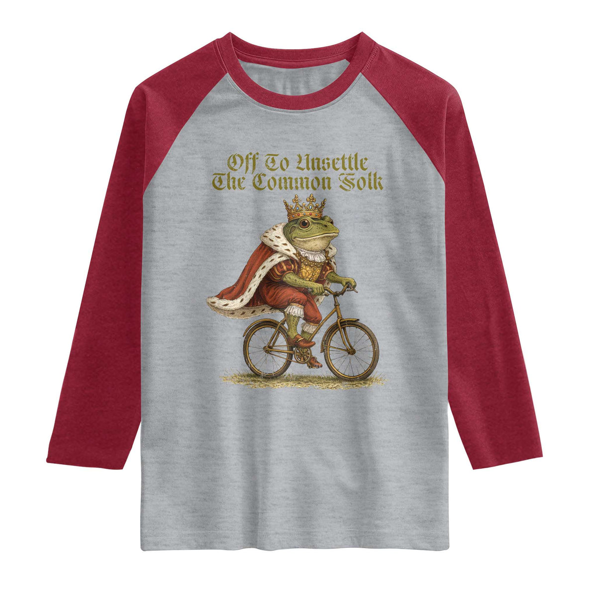 Chaotic Frog Meme Raglan Shirt Off To Unsettle The Common Folk Vintage Unhinged Humor TS10 Heather Gray Heather Red Print Your Wear