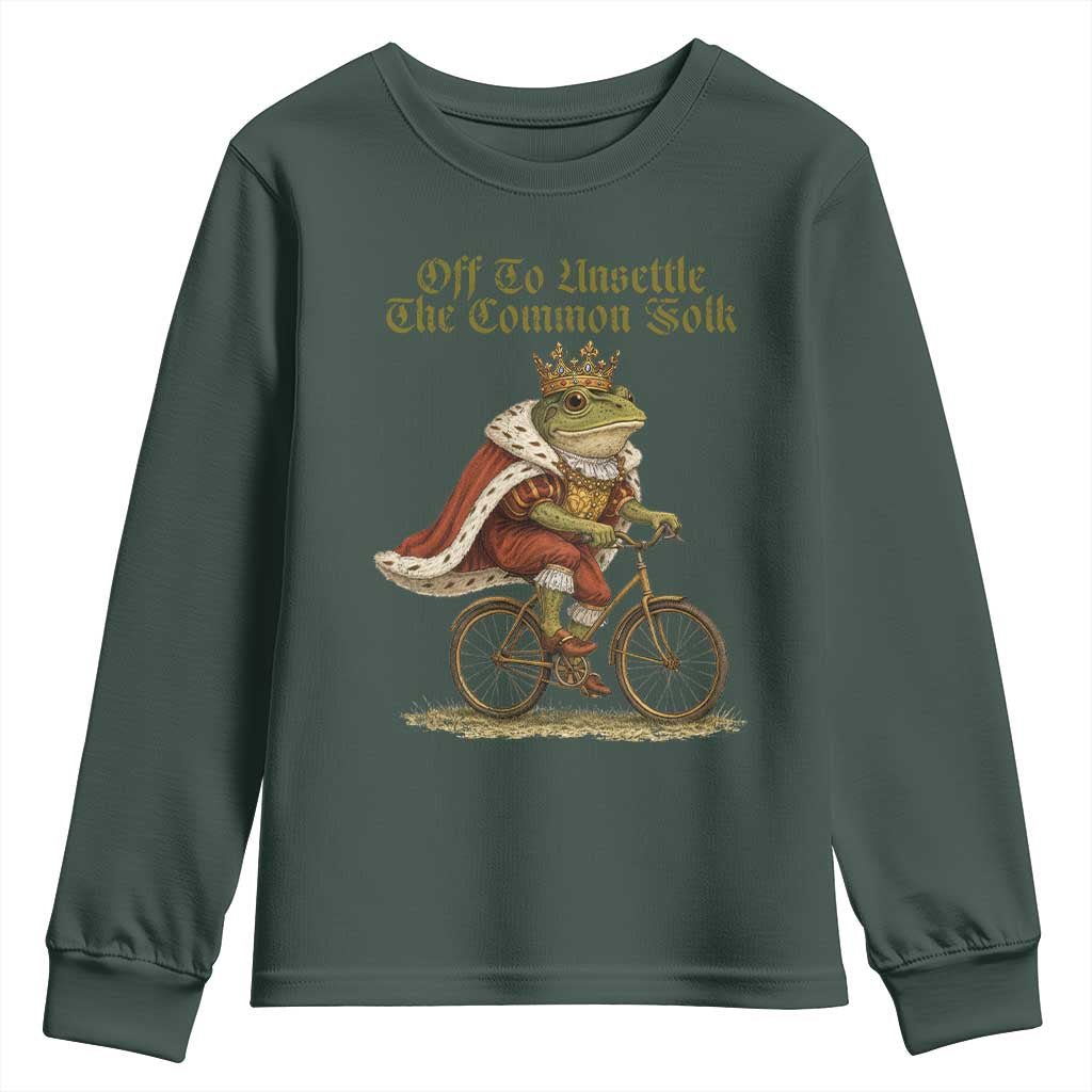 Chaotic Frog Meme Youth Sweatshirt Off To Unsettle The Common Folk Vintage Unhinged Humor TS10 Dark Forest Green Print Your Wear