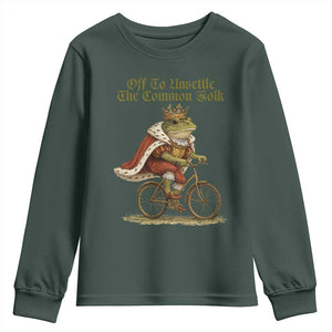 Chaotic Frog Meme Youth Sweatshirt Off To Unsettle The Common Folk Vintage Unhinged Humor TS10 Dark Forest Green Print Your Wear