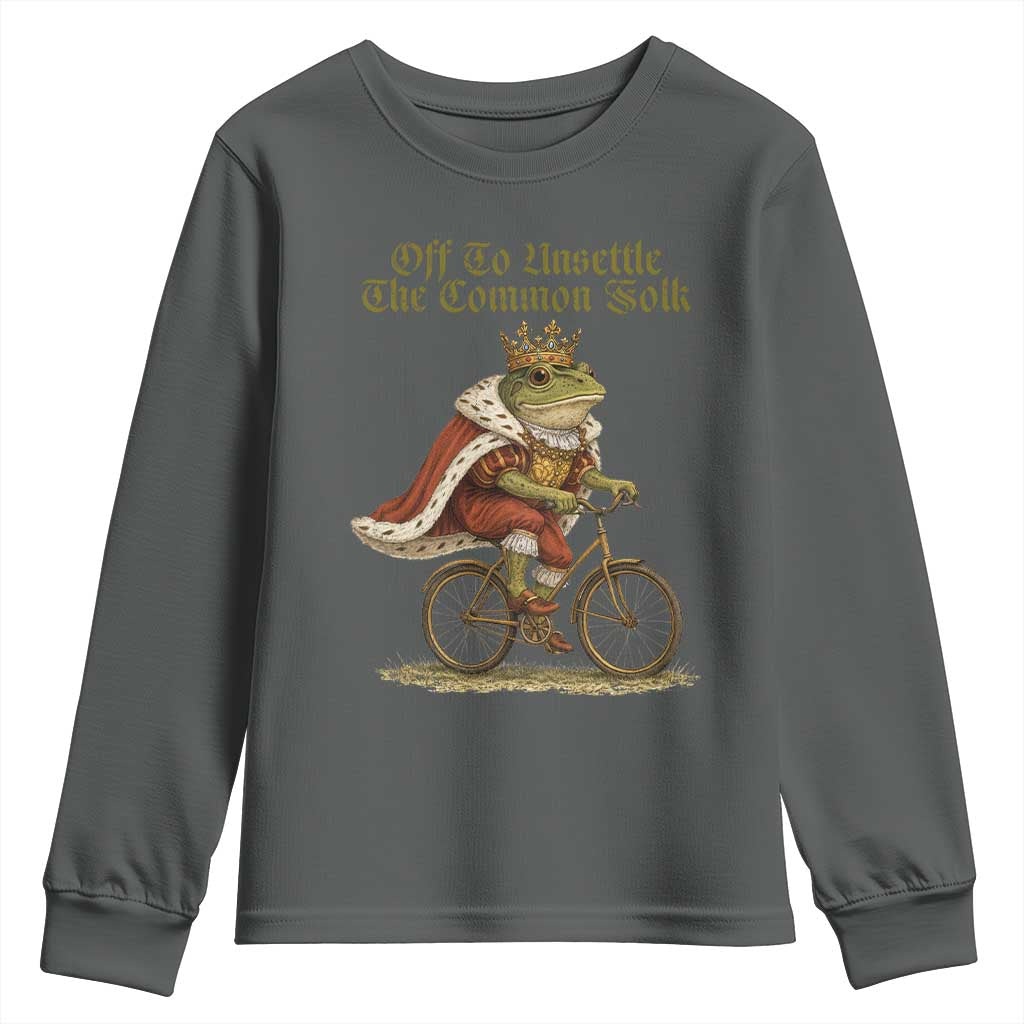 Chaotic Frog Meme Youth Sweatshirt Off To Unsettle The Common Folk Vintage Unhinged Humor TS10 Dark Heather Print Your Wear