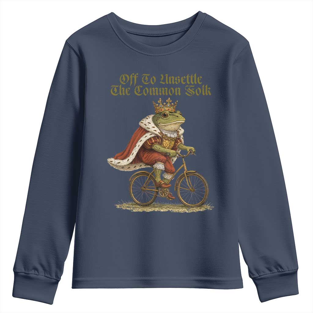 Chaotic Frog Meme Youth Sweatshirt Off To Unsettle The Common Folk Vintage Unhinged Humor TS10 Navy Print Your Wear