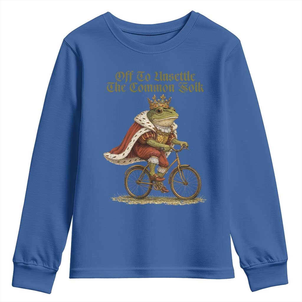 Chaotic Frog Meme Youth Sweatshirt Off To Unsettle The Common Folk Vintage Unhinged Humor TS10 Royal Blue Print Your Wear
