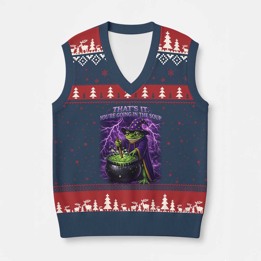 Frog Meme V-Neck Knit Sweater Vest Vintage Graphic Thats It Youre Going In The Soup TS10 Navy Red Print Your Wear