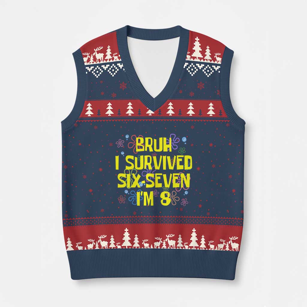 8th Birthday V-Neck Knit Sweater Vest Im 8 Year Old Bruh I Survived 67 Colorful Bubble Flower TS10 Navy Red Print Your Wear
