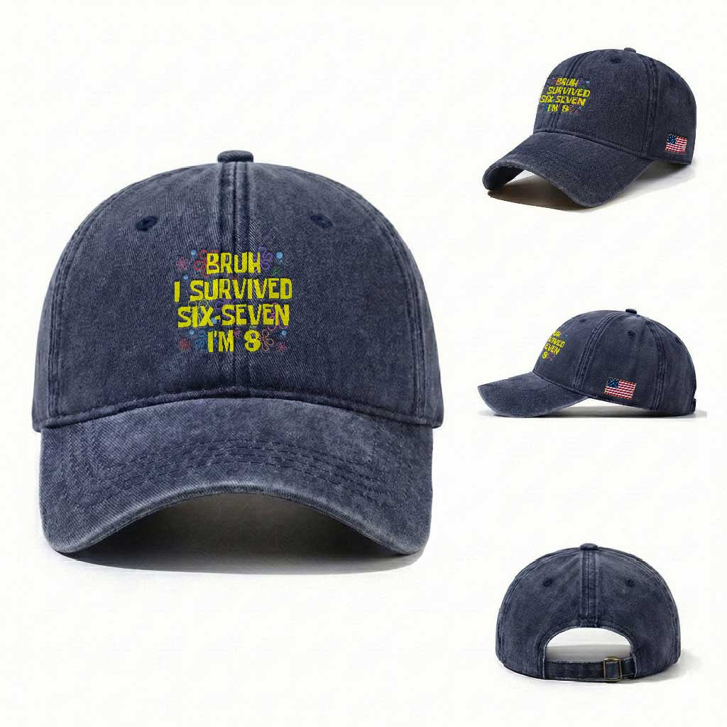 8th Birthday Washed Cotton Baseball Cap Im 8 Year Old Bruh I Survived 67 Colorful Bubble Flower TS10 Washed Cap Universal Fit Navy Print Your Wear