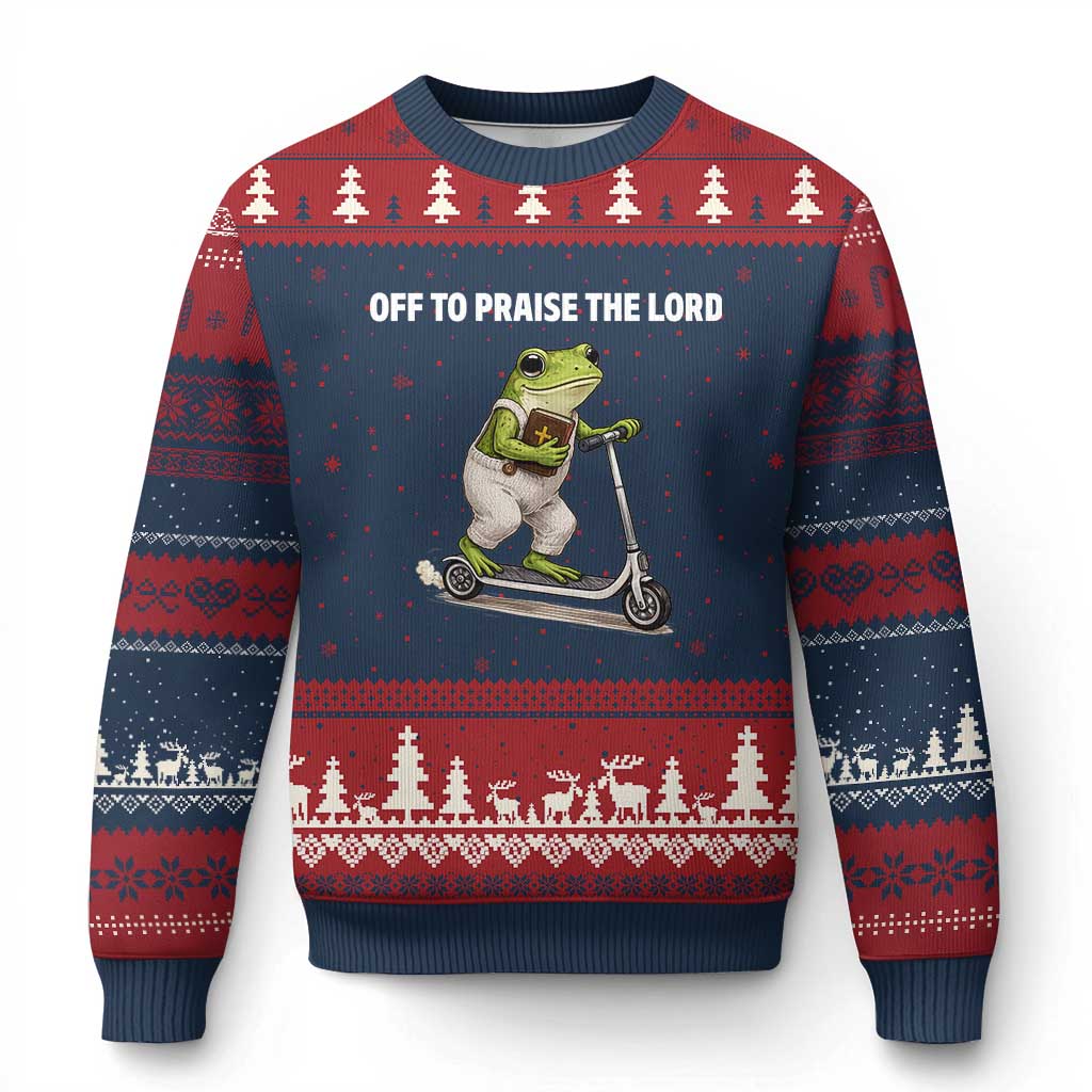 Funny Christian Frog Ugly Christmas Sweater Off To Praise The Lord TS10 Navy Red Print Your Wear