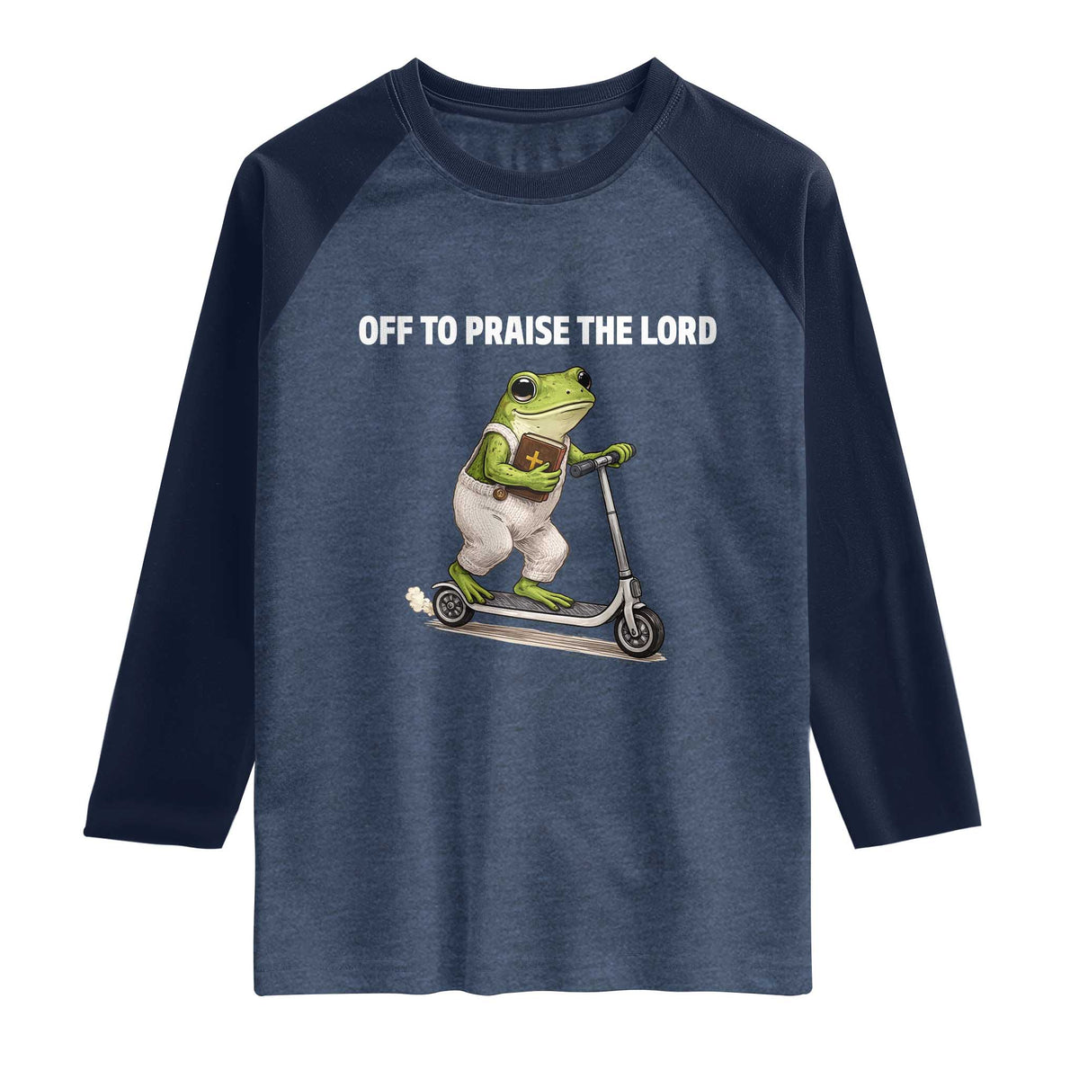 Funny Christian Frog Raglan Shirt Off To Praise The Lord TS10 Heather Denim Navy Print Your Wear