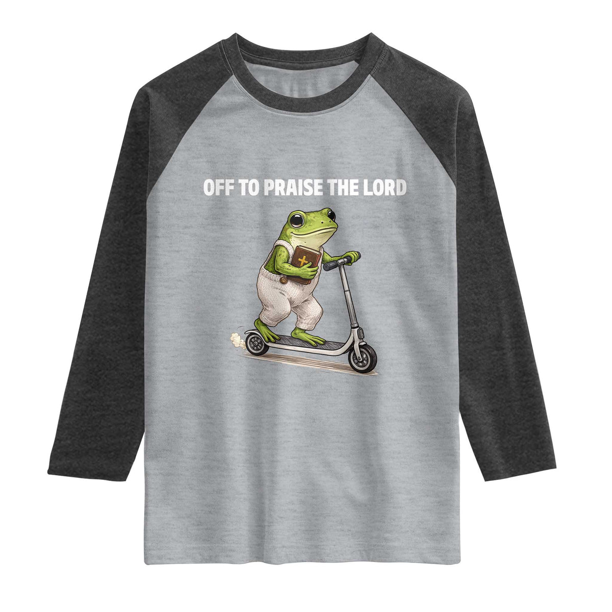 Funny Christian Frog Raglan Shirt Off To Praise The Lord TS10 Heather Gray Heather Charcoal Print Your Wear