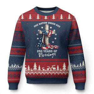 250th Anniversary USA Ugly Christmas Sweater One Nation Under God US 250 Flag Cross 4th Of July TS10 Navy Red Print Your Wear